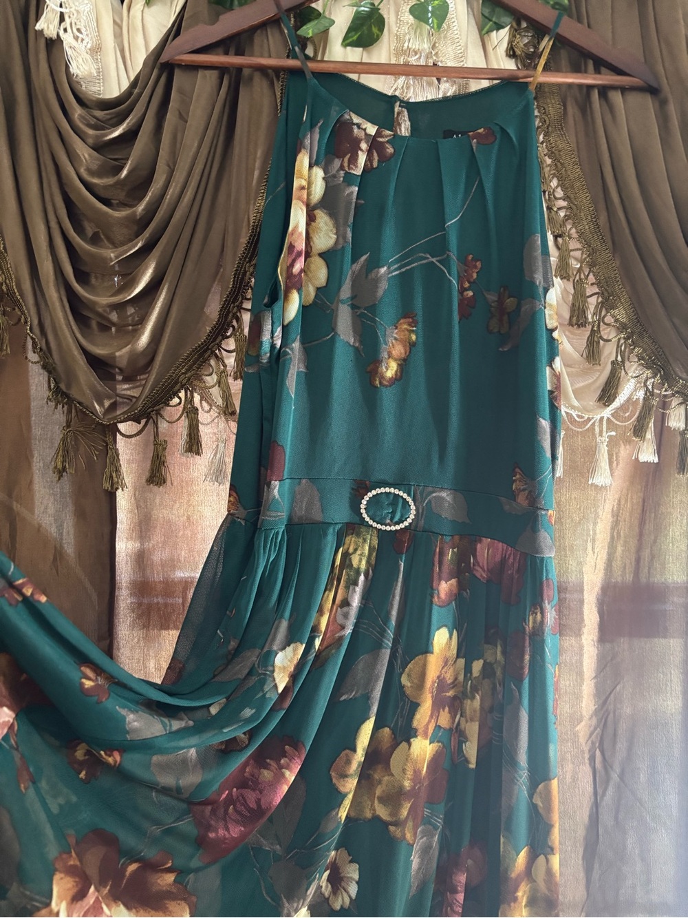 Alexa B Petite Floral Mesh Maxi Dress Green Gold Size 10P